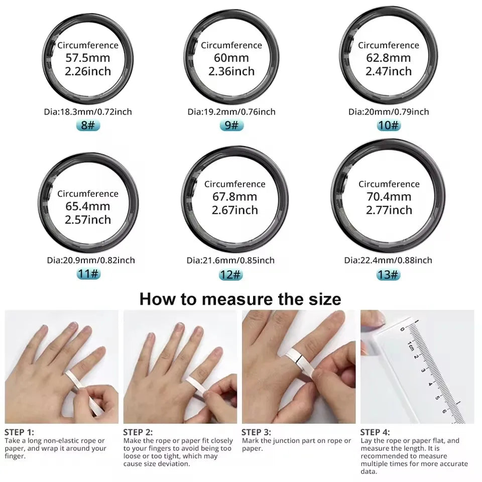 Ring size chart with measurements and a guide on how to measure ring size.