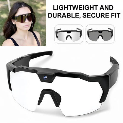Black sunglasses with a secure fit feature, shown on a white background.