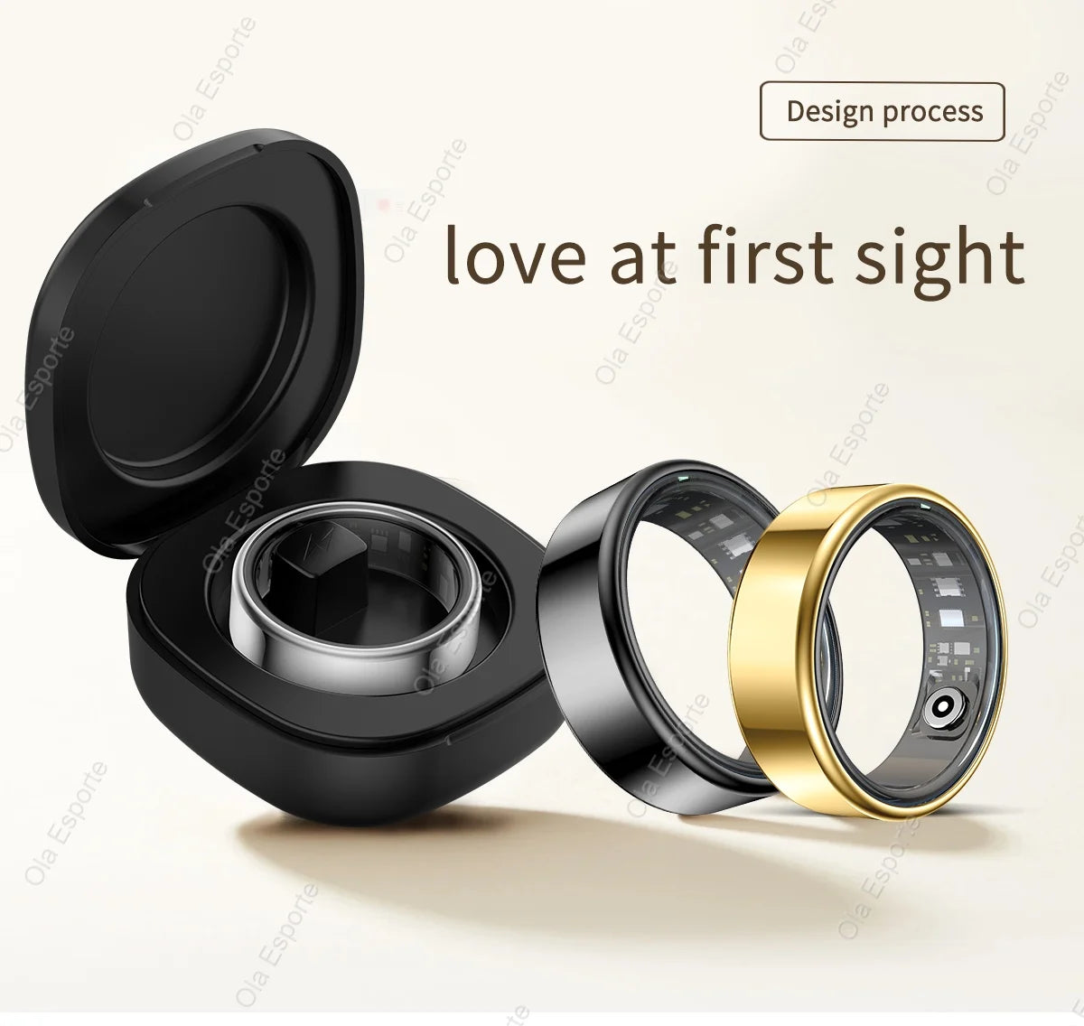 Smart ring with open case on a light background, featuring 'love at first sight' text.