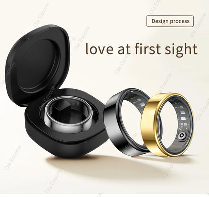 Smart ring with open case on a light background, featuring 'love at first sight' text.