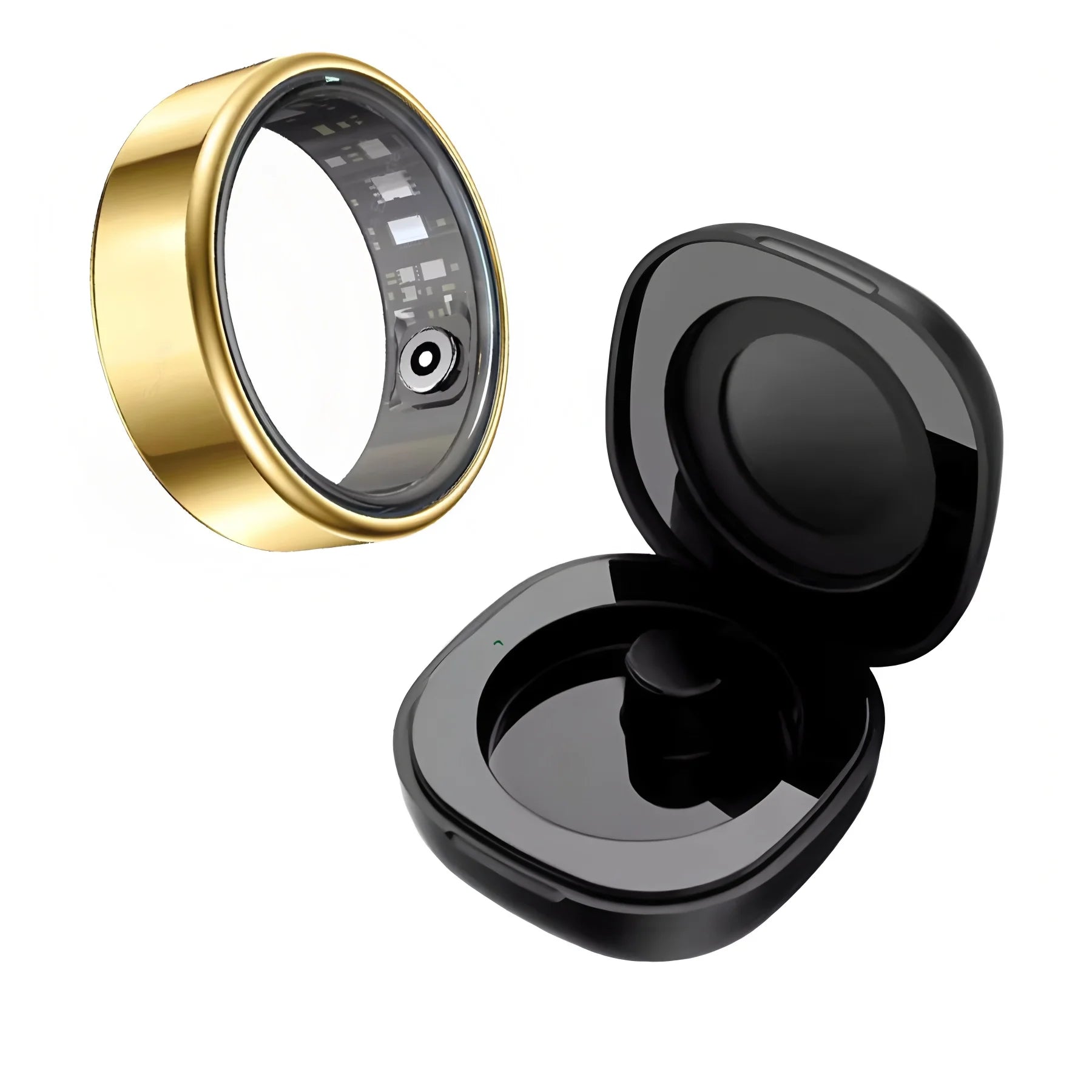 Gold ring with a clear gemstone and black open case on a white background