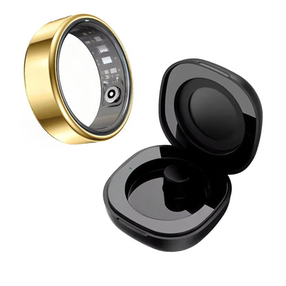 Gold ring with a clear gemstone and black open case on a white background