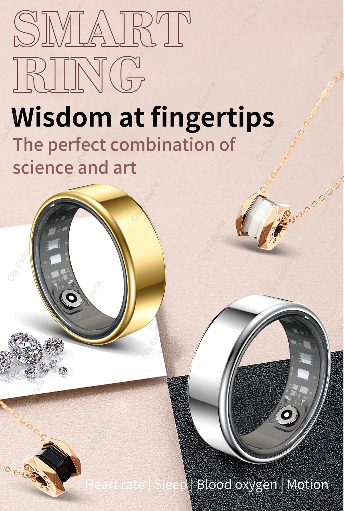 Smart ring with gold and silver options on a neutral background, featuring text about its features.