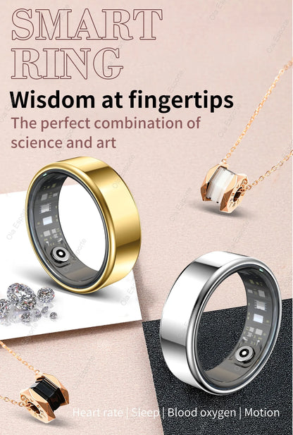 Smart ring with gold and silver options on a neutral background, featuring text about its features.