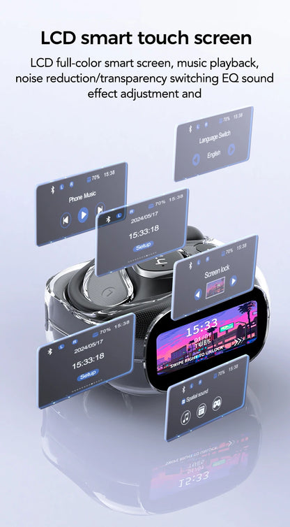 Multiple smart screens displaying different functions on a white background