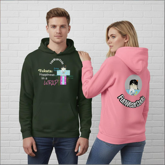 Two people wearing 'Fun Wear Code' branded hoodies with a yukata graphic design and text on a white brick wall background