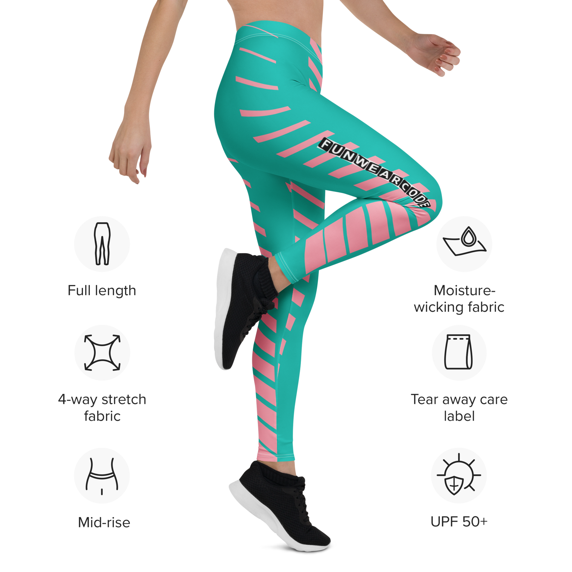 Teal leggings with pink stripes with brand logo "Funwearcode" worn by a person, featuring icons about product features on a white background.
