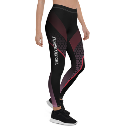 Black and red leggings with geometric pattern and 'Funwear Code' branding on a white background