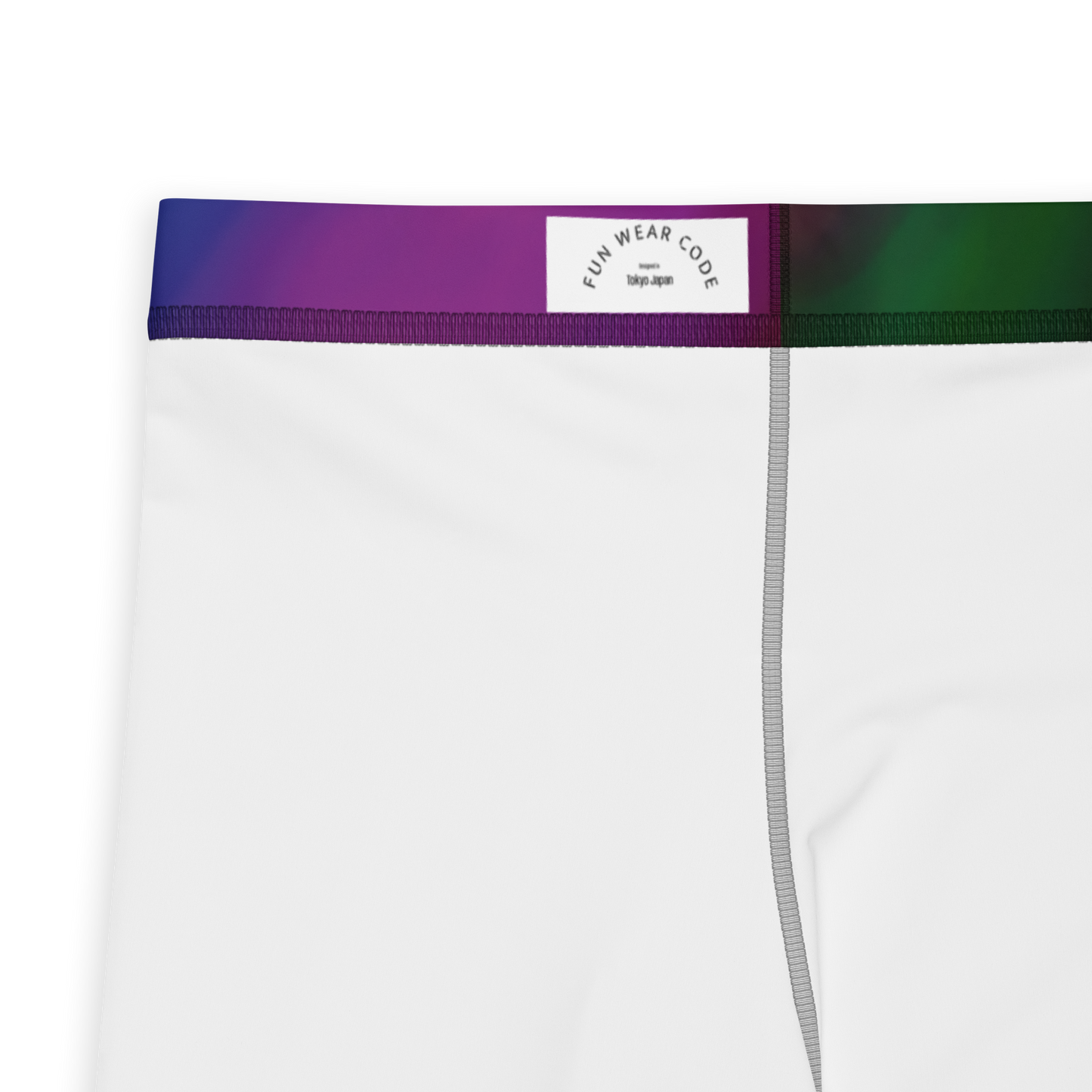 Close-up of a white athletic leggings with a colorful waistband and brand label 'Funwearcode'.