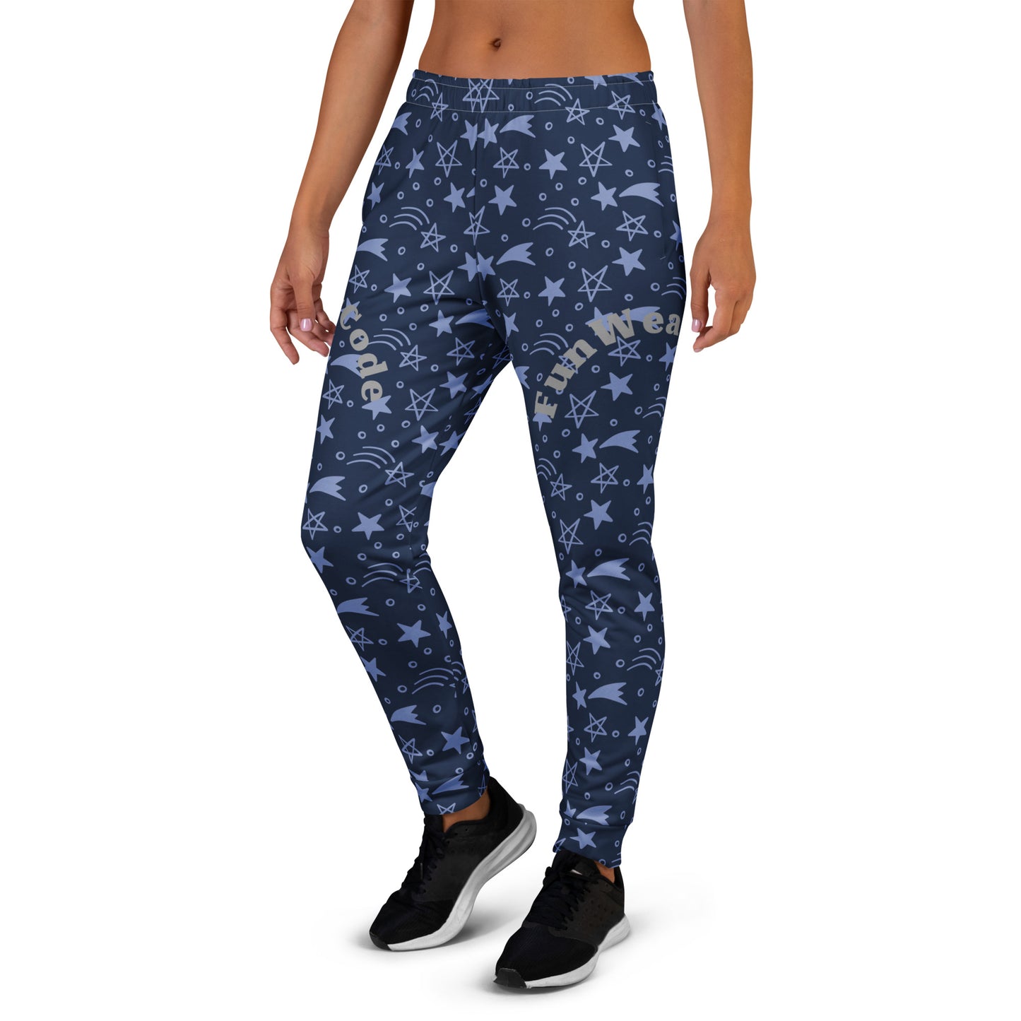 Person wearing blue joggers with star pattern and 'Fun Wear Code' text logo on a white background