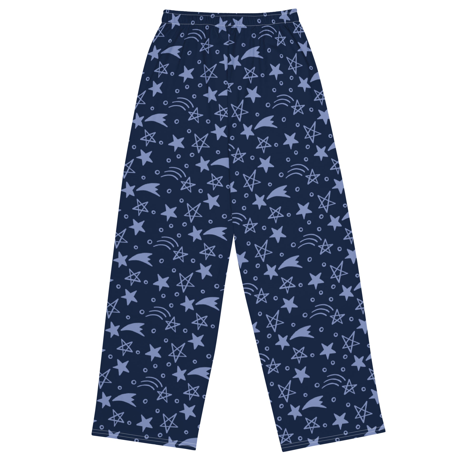 Navy blue pants with star pattern on a white background