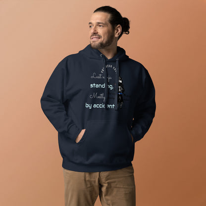 Man wearing a navy hoodie with text on a brown background