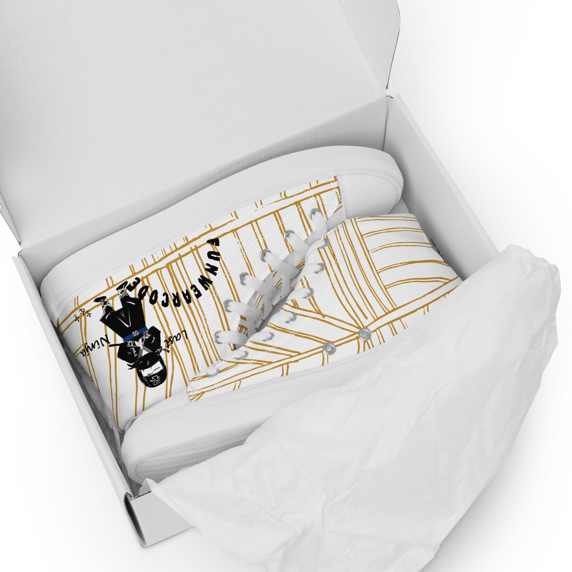 White high-top sneakers with a ninja graphic and 'Fun Wear Code' text logo, and with black and gold design in a box