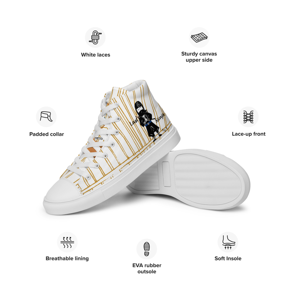 White yellow stripe high-top sneakers with a playful ninja graphic design and white laces, featuring a text 'Last ninja' on a white background.