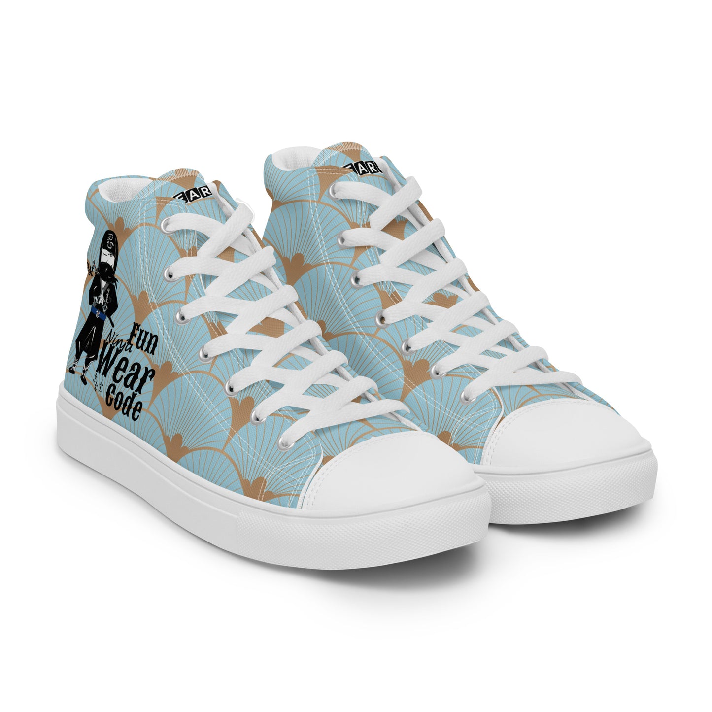 Blue high-top sneakers with a ninja graphic and 'Fun Wear Code' text logo, and white laces on a white background