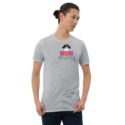 Front view of a man model wearing a gray t-shirt with a Japanese Geisha graphic design on a white background