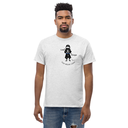 Man wearing a ash grey t-shirt with a playful ninja graphic design and text "FUN WEAR CODE" on a white background