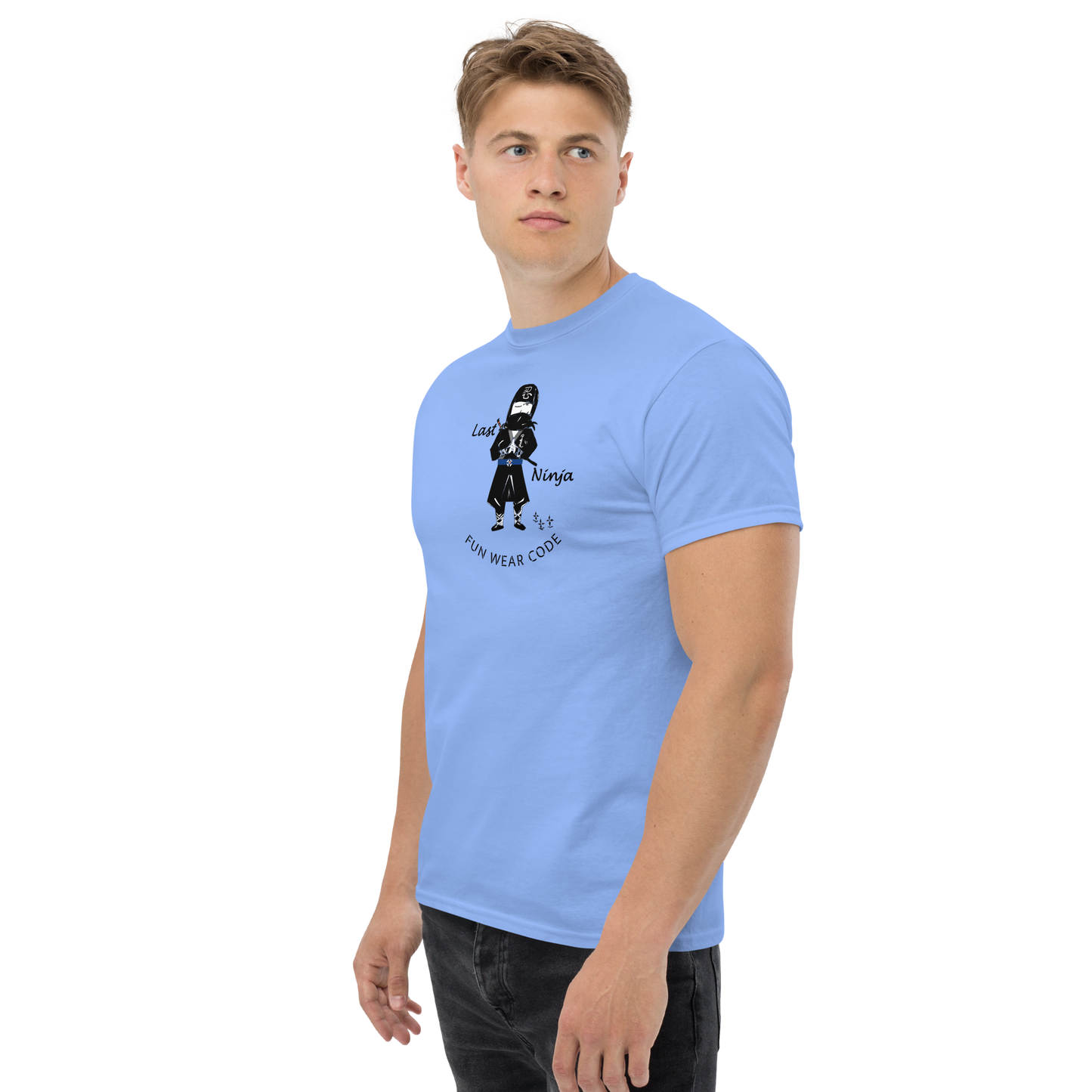 Man wearing a light blue t-shirt with a playful ninja graphic design and text "FUN WEAR CODE" on a white background