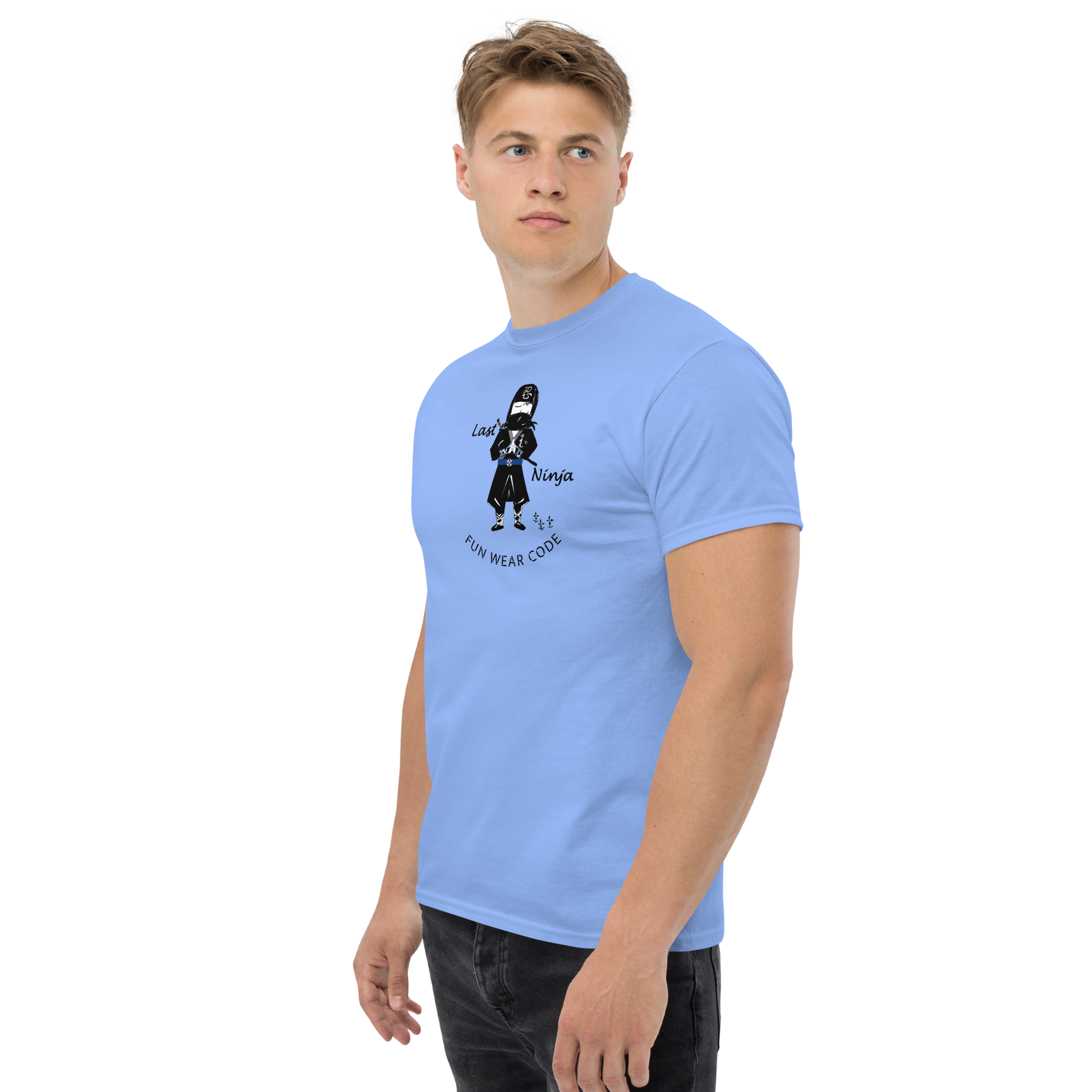 Man wearing a light blue t-shirt with a playful ninja graphic design and text "FUN WEAR CODE" on a white background
