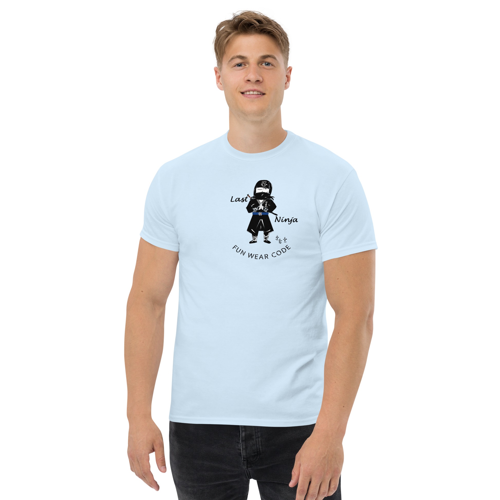 Person wearing a light blue t-shirt  with a playful "Last Ninja" graphic design and text "FUN WEAR CODE" on a white background