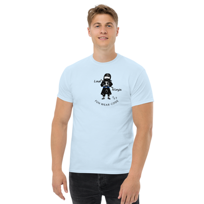 Person wearing a light blue t-shirt  with a playful "Last Ninja" graphic design and text "FUN WEAR CODE" on a white background