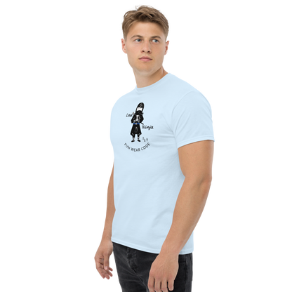 Man wearing a light blue t-shirt  with a playful "Last Ninja" graphic design and text "FUN WEAR CODE" on a white background