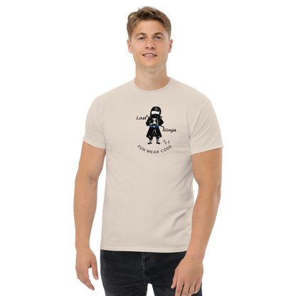 Man wearing a beige t-shirt with a playful "Last Ninja" graphic design and text "FUN WEAR CODE" on a white background