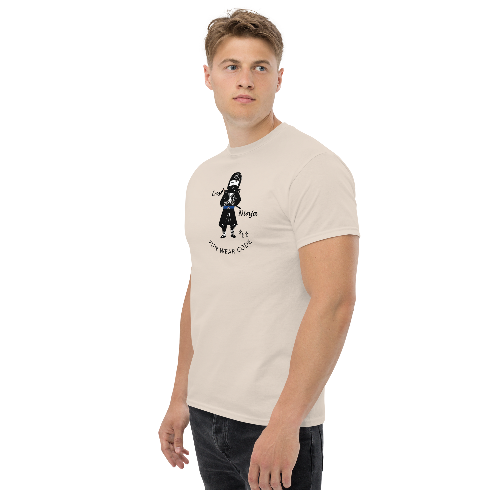 Man wearing a beige t-shirt with a playful "Last Ninja" graphic design and text "FUN WEAR CODE" on a white background