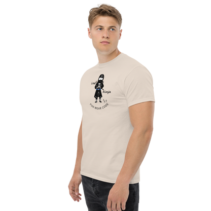 Man wearing a beige t-shirt with a playful "Last Ninja" graphic design and text "FUN WEAR CODE" on a white background