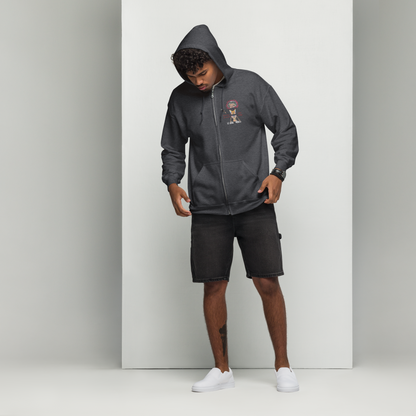 Front view of a man model wearing a black zip-up hoodie with an American Indian man graphic design on a transparent background
