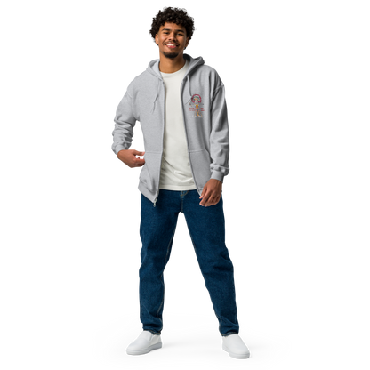 Front view of a man model wearing a gray zip-up hoodie with an American Indian man graphic design on a transparent background