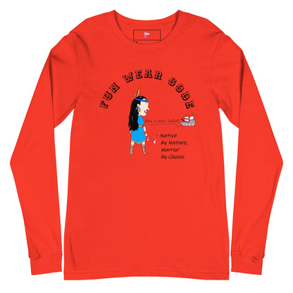 Red long-sleeve shirt with a playful American Indian woman graphic design and text "Fun Wear Code“ on a white background