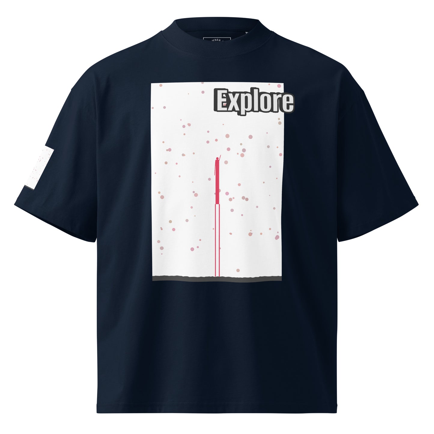 Navy blue t-shirt with a white graphic and 'Explore' text on a white background