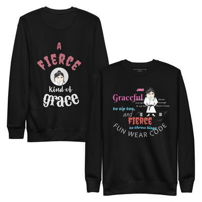 Front and back of a black sweatshirt with text, a judo lady graphic design and 'Fun Wear Code' text logo on a white background