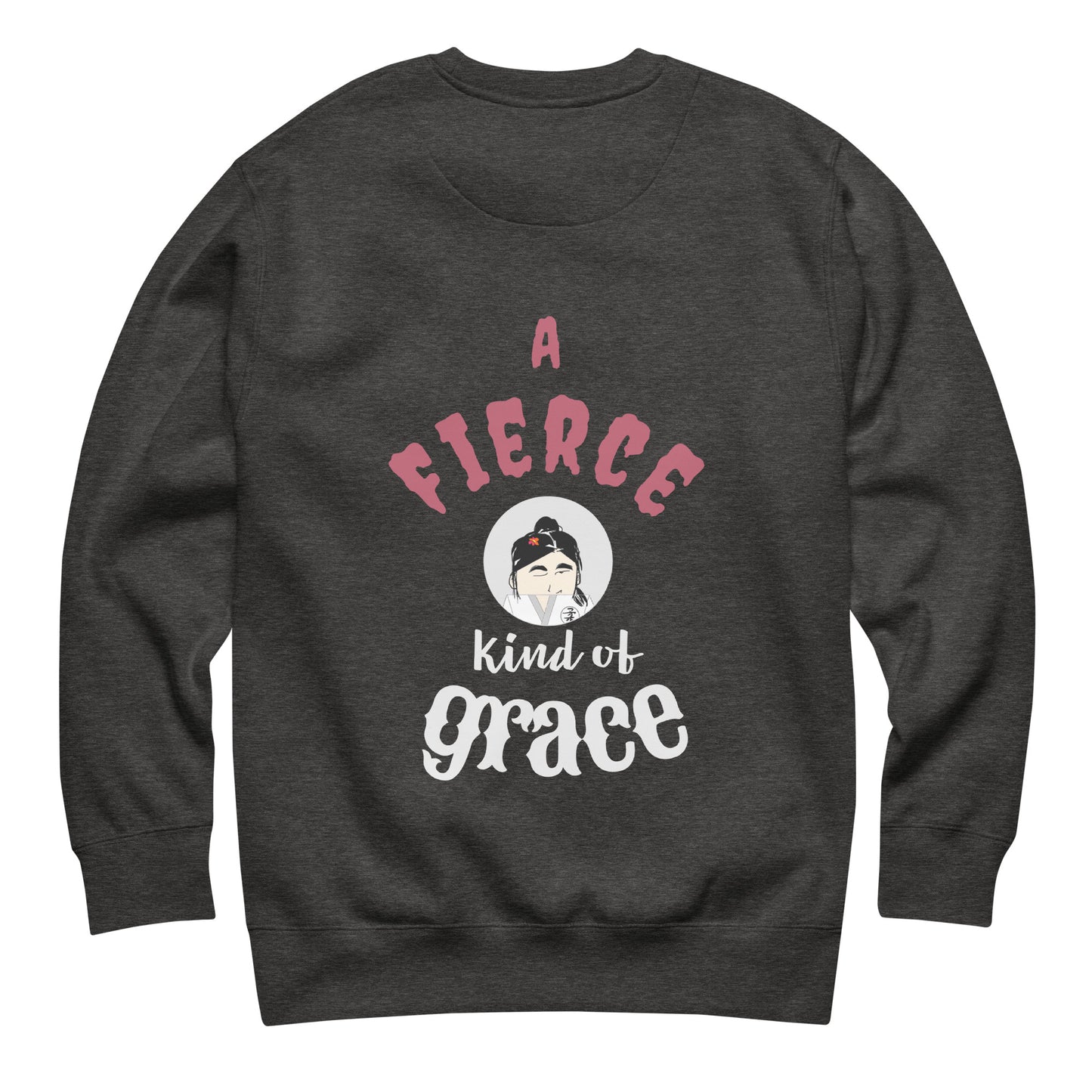 Dark gray 'Fun Wear Code' brand sweatshirt with 'A Fierce Kind of Grace' text and judo woman graphic on a white background