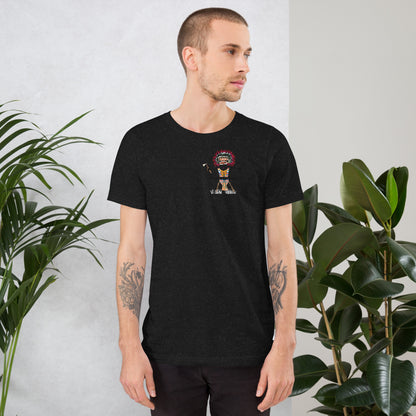 Front view of a man model wearing a black t-shirt with an American Indian man graphic design on a white background