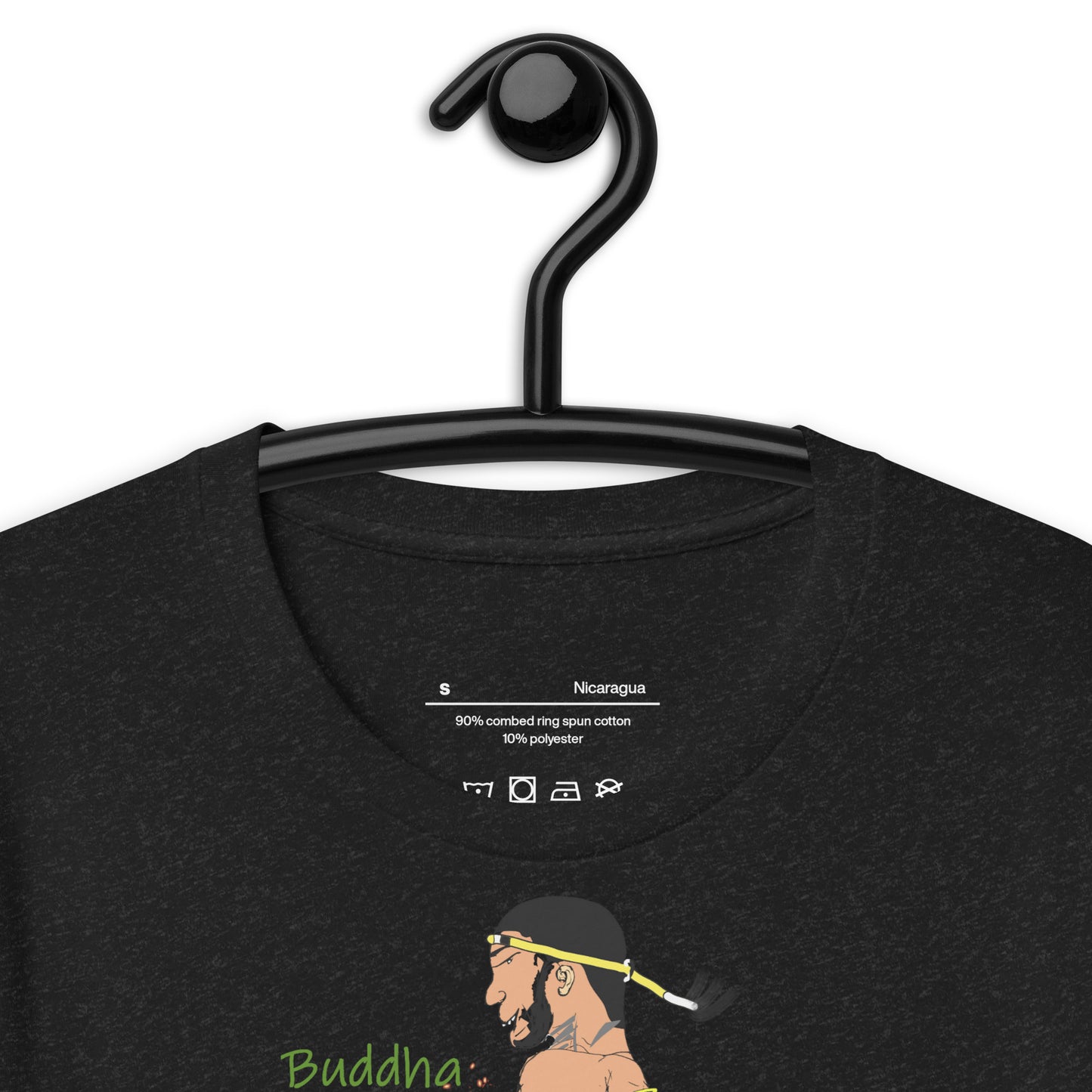 Black t-shirt with a playful Thai boxer graphic design, hanging on a black hanger.
