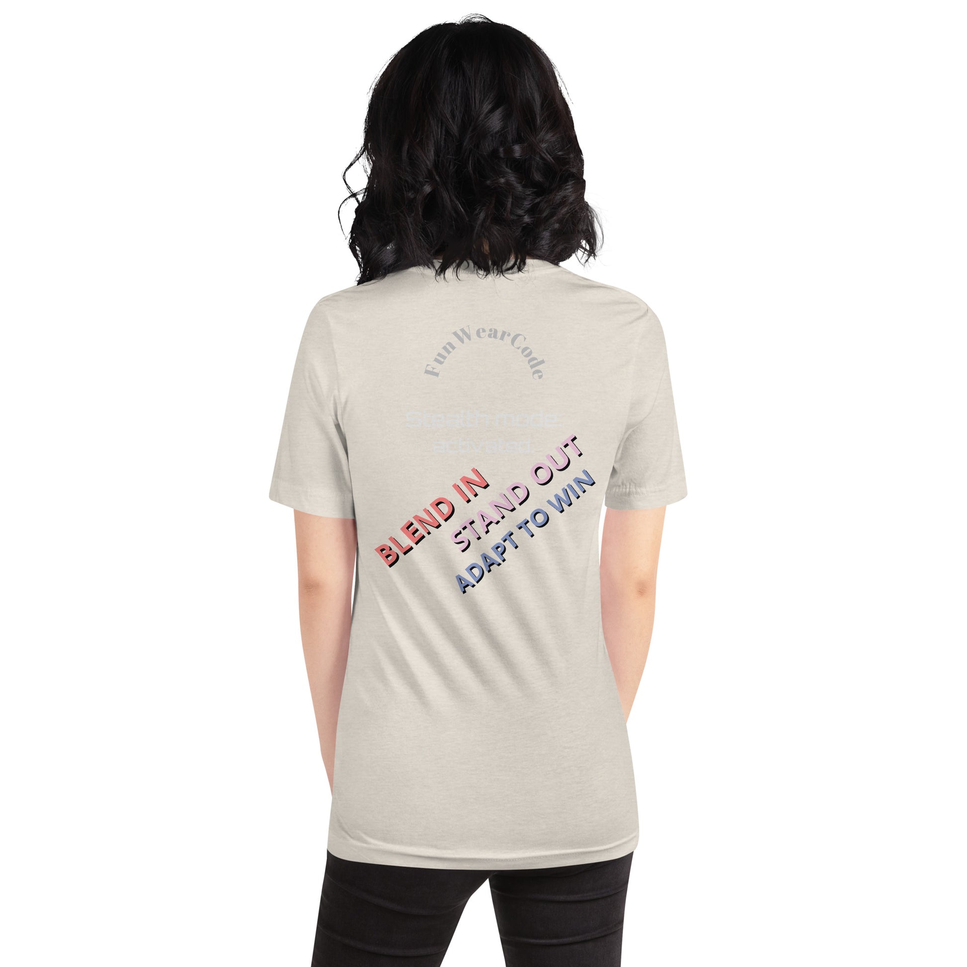 Person wearing a beige t-shirt with a 'Fun Wear Code' text logo and colorful texts on the back, standing against a white background
