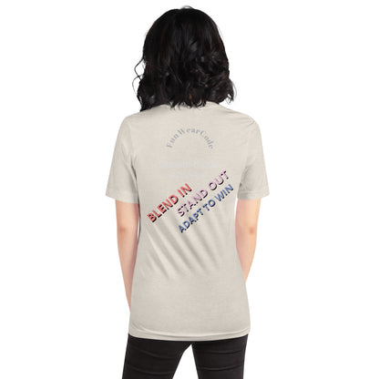 Person wearing a beige t-shirt with a 'Fun Wear Code' text logo and colorful texts on the back, standing against a white background