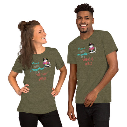 Two people wearing green t-shirts with a playful geisha graphic and text on a white background