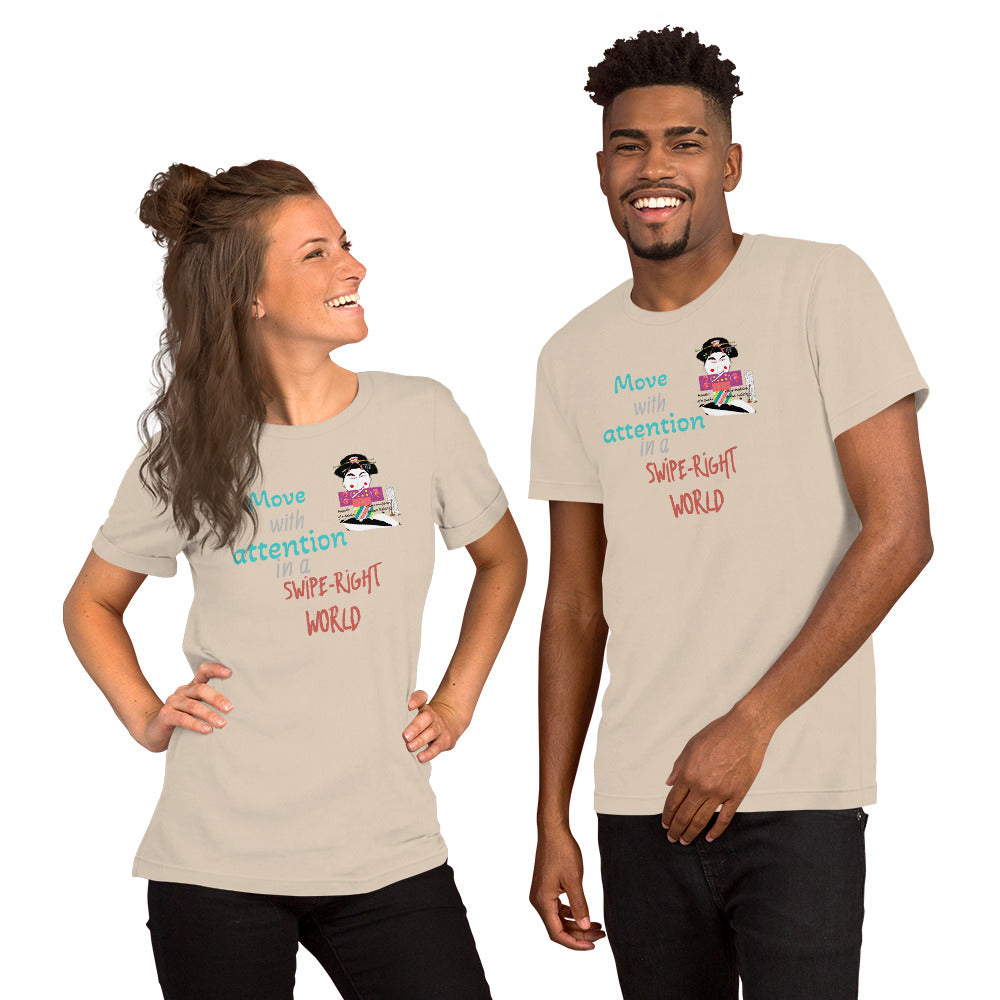 Two people wearing matching t-shirts with a playful geisha graphic and text on a white background