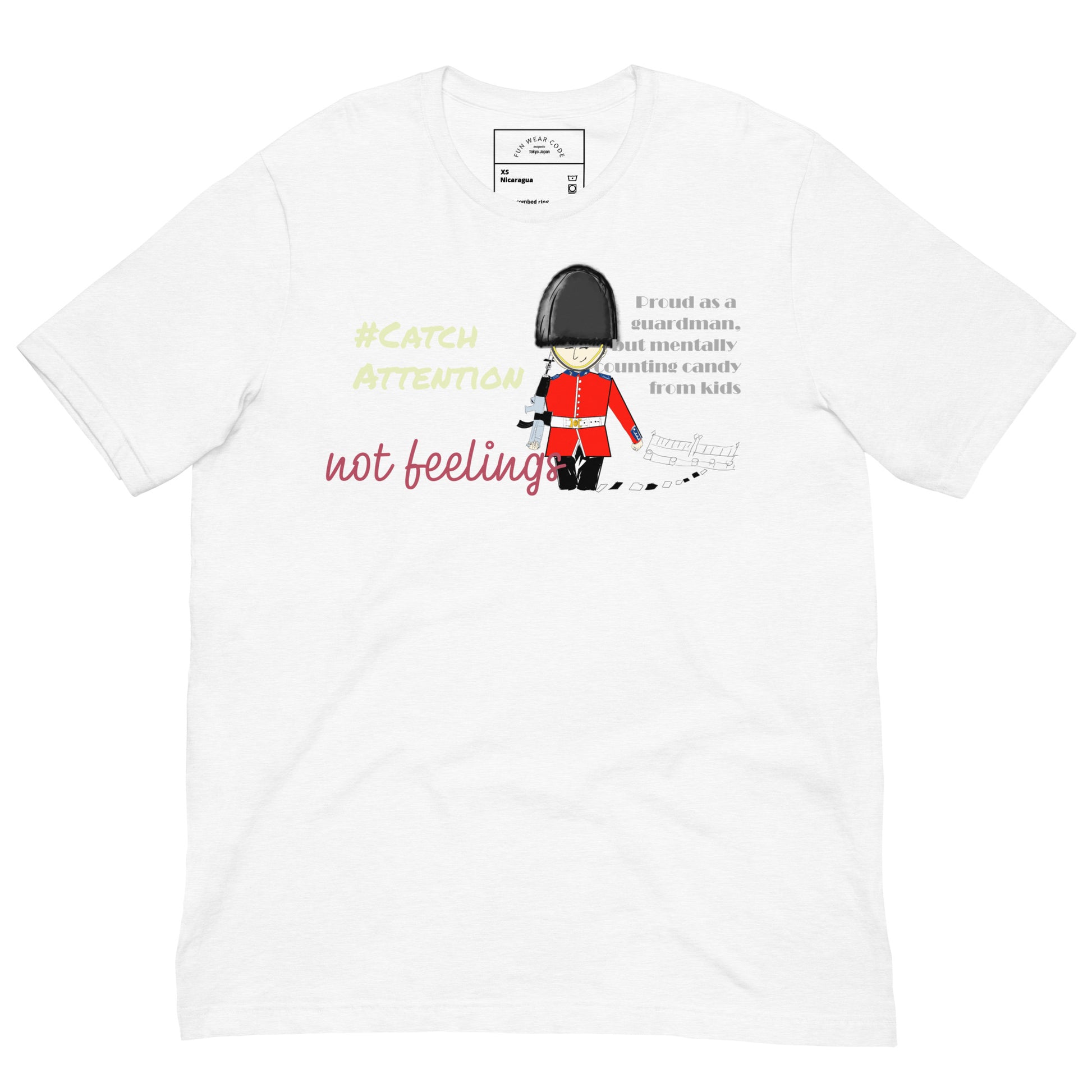 White t-shirt with a playful guardsman graphic together with a 'Fun Wear Code' inner label and text on a white background
