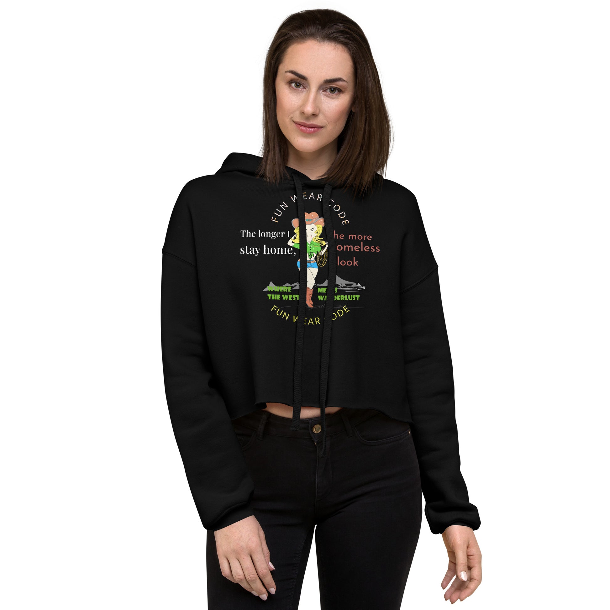 Woman wearing a 'Fun Wear Code' branded black hoodie with a cowgirl graphic design on a white background