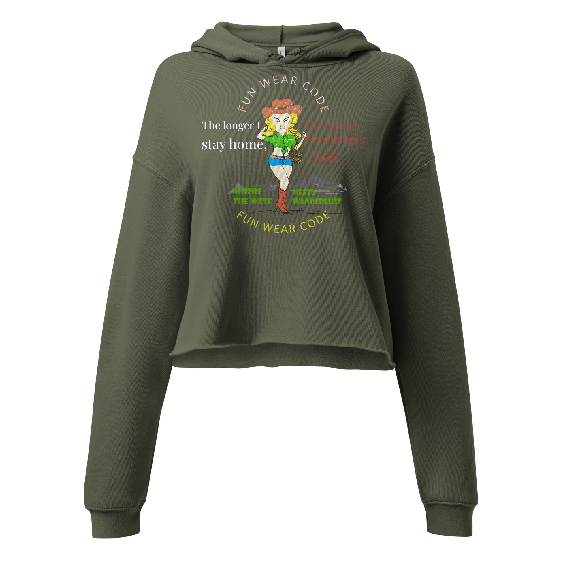 Green hoodie with 'Fun Wear Code' logo and cowgirl graphic design on a white background