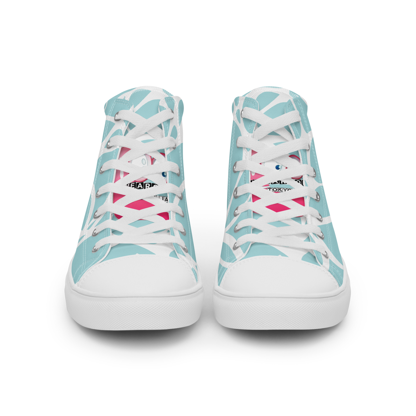 Pair of light blue sneakers with white laces, featuring a brand graphic of 'Funwearcode' on a white background