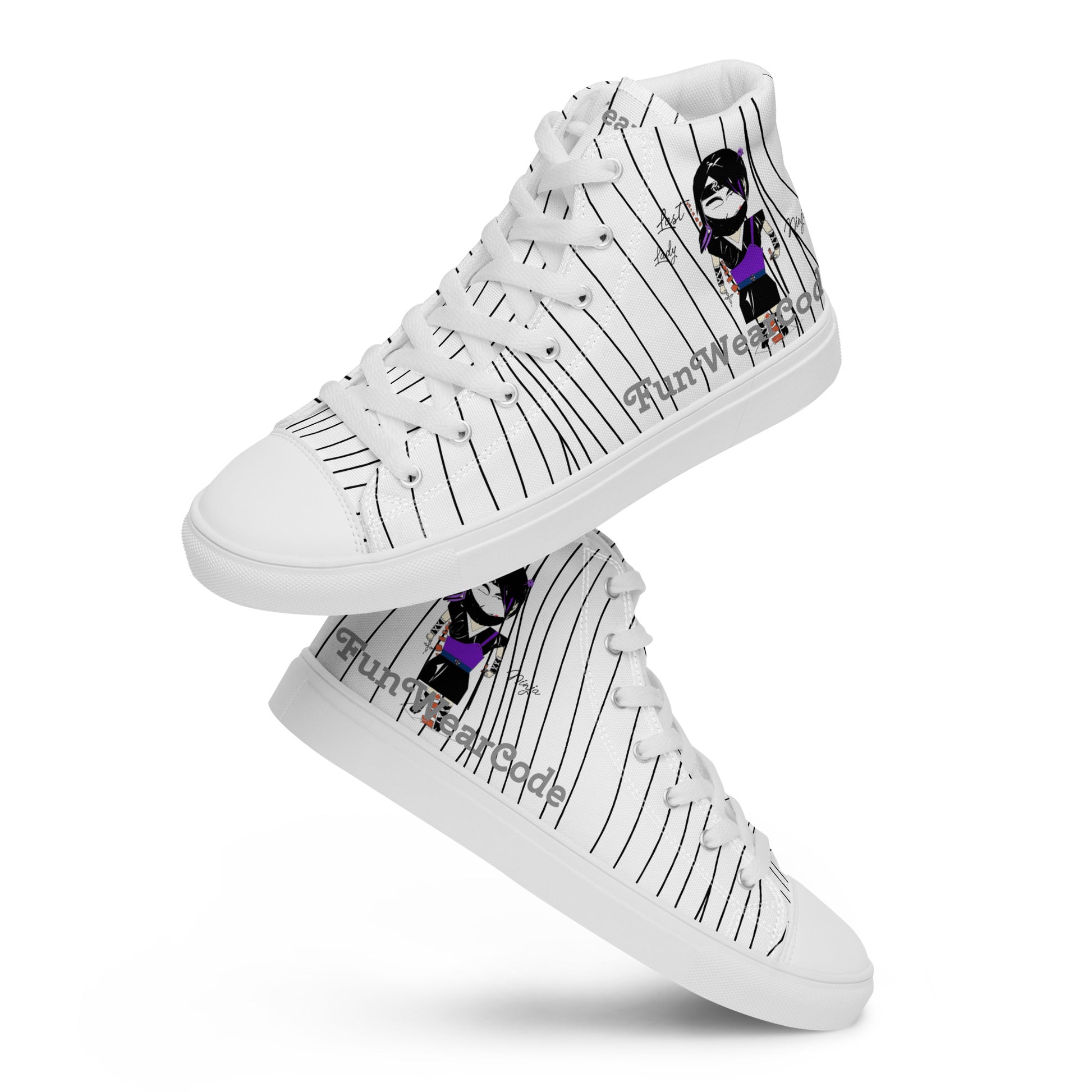 White high-top sneakers with a ninja graphic and 'Fun Wear Code' text logo on a white background
