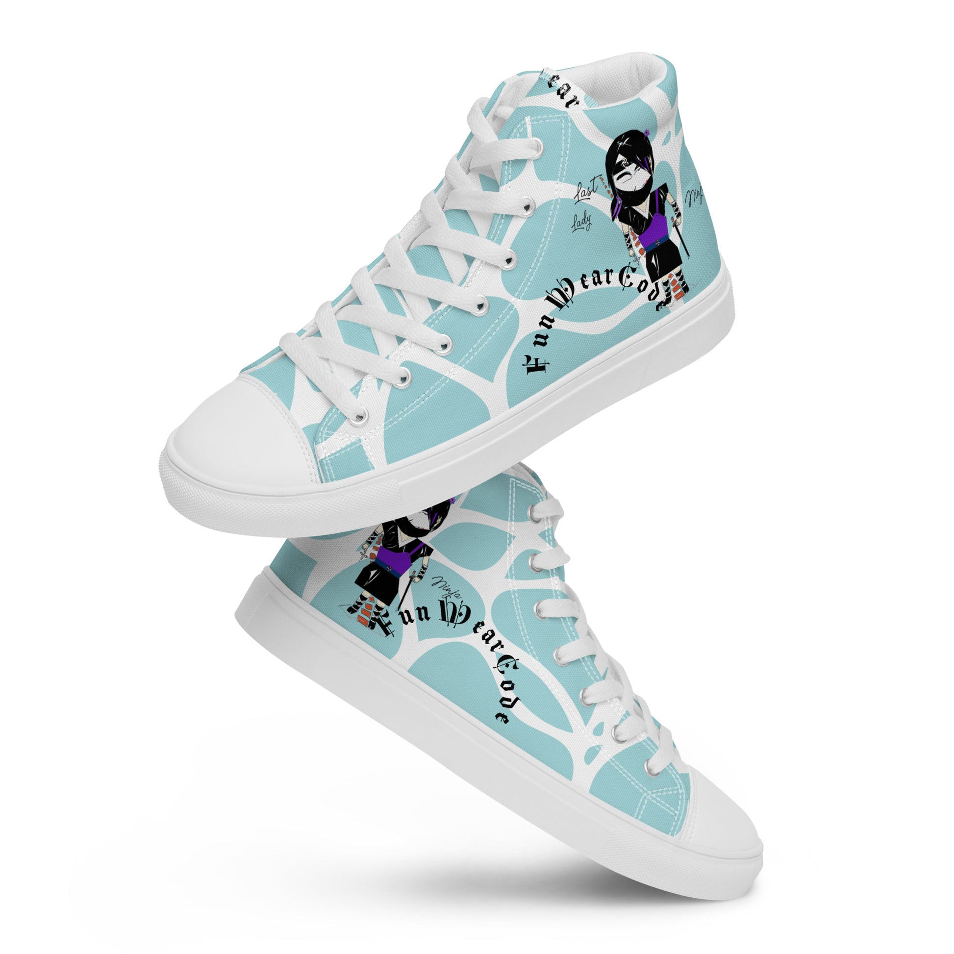Light blue high-top sneakers with white laces, a ninja graphic and 'Fun Wear Code' text logo on a white background
