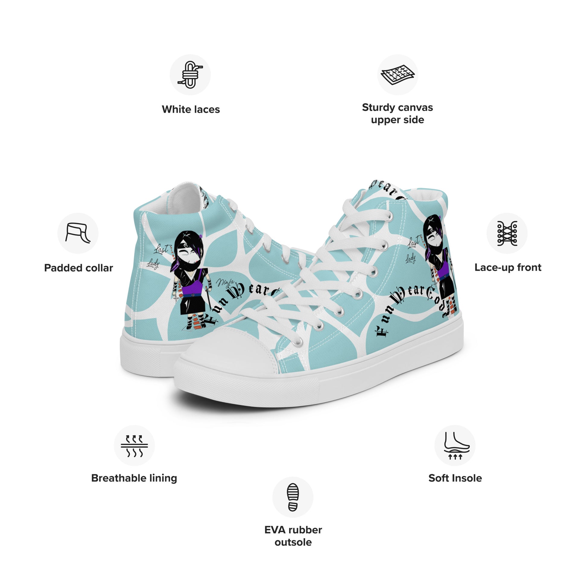 Light blue high-top sneakers with a ninja graphic and 'Fun Wear Code' text logo on a white background