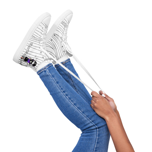 Person wearing blue jeans and a pair of white sneakers with a ninja graphic and 'Fun Wear Code' text logo on a white background